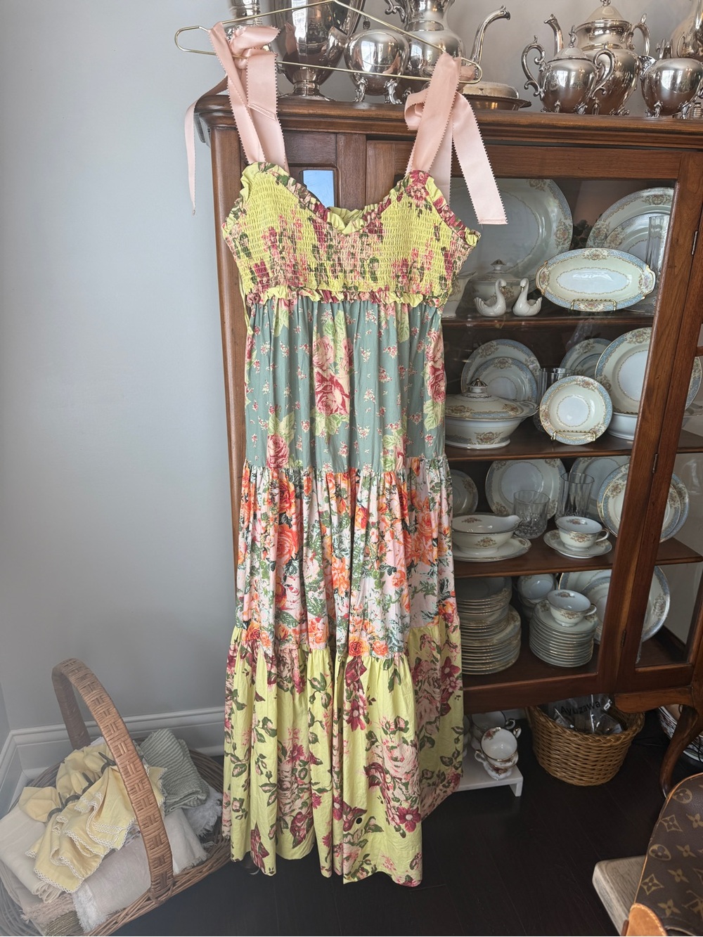 Free People Floral Tiered Maxi Dress in Sage, Pink and Yellow